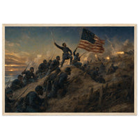 Framed panoramic art print of soldiers advancing through smoke and fire on the battlefield, in a solid wood frame.