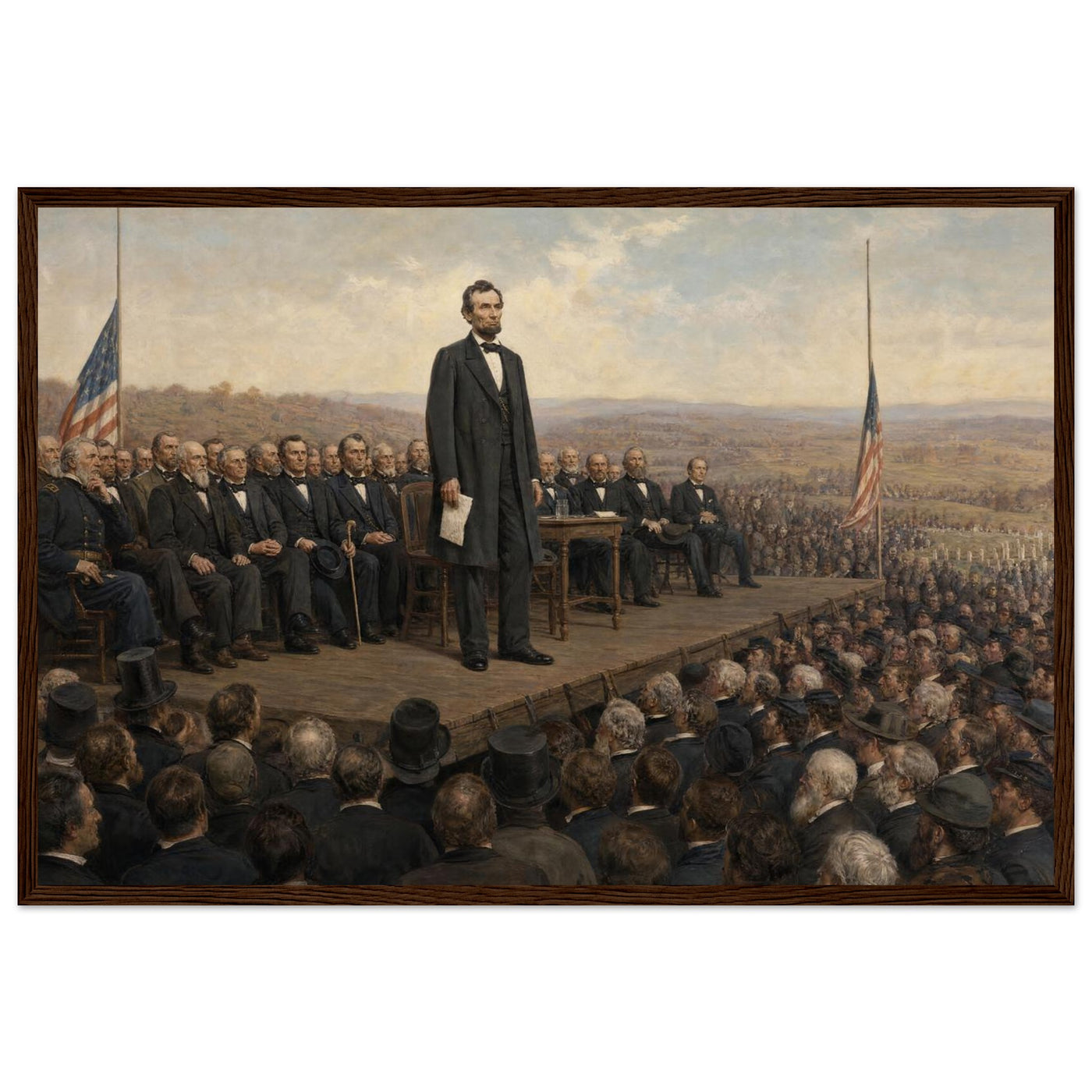 Framed art print of President Lincoln addressing the crowd at Gettysburg from a draped platform, in a solid wood frame.
