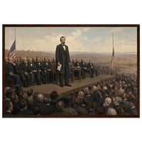 Framed art print of President Lincoln addressing the crowd at Gettysburg from a draped platform, in a solid wood frame.