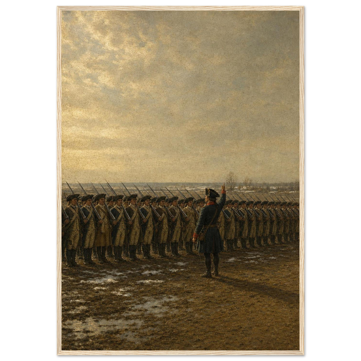 Drill at Valley Forge, 1778 — framed fine art print of Steuben drilling soldiers in line, 28x40″ in a natural wood frame