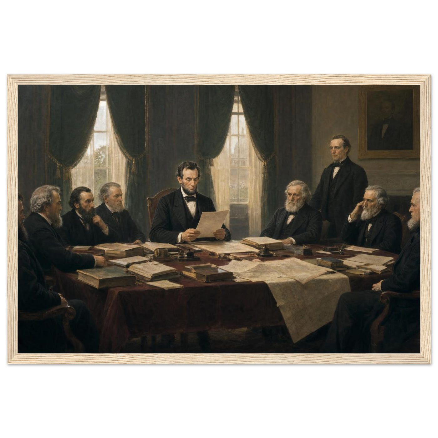 Framed historical painting of President Lincoln seated with his cabinet around a table, in a solid wood frame.