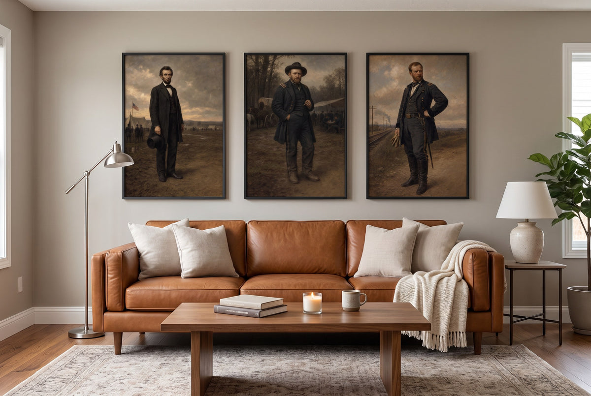 The Union Commanders framed prints hung above a sofa in a living room