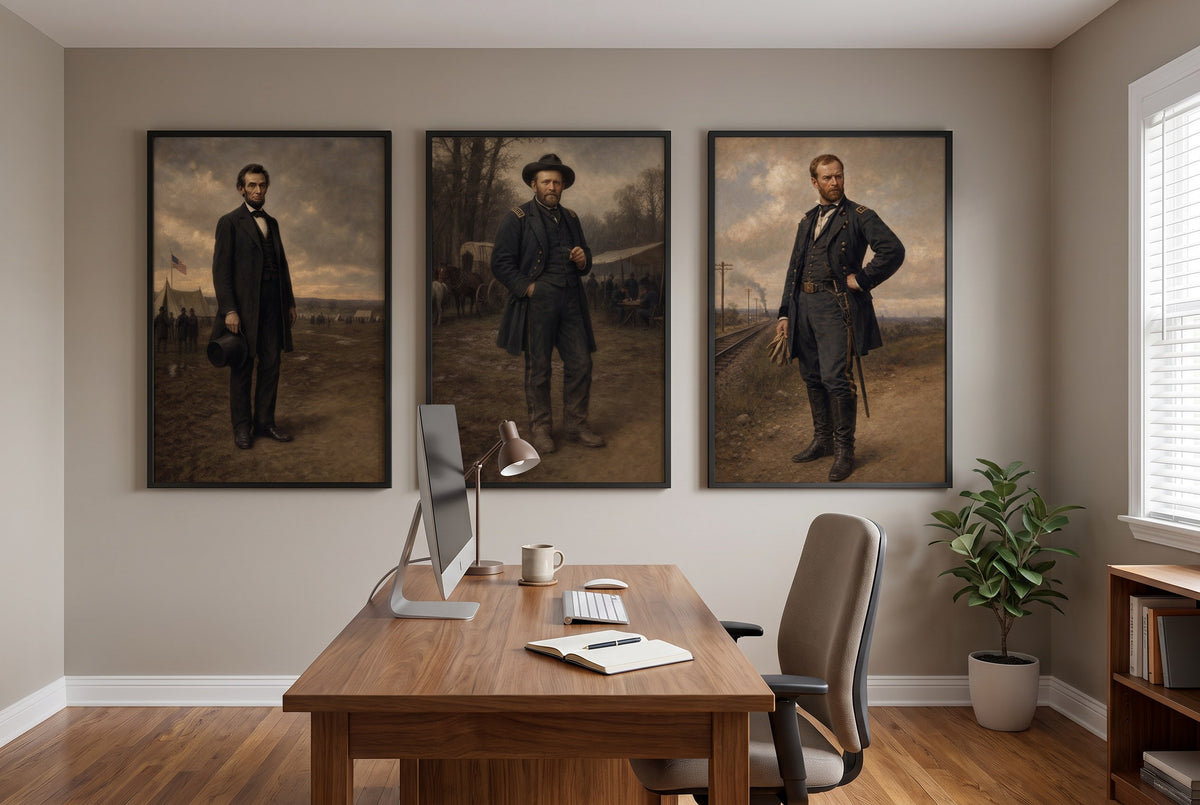 The Union Commanders framed prints hung in a home office