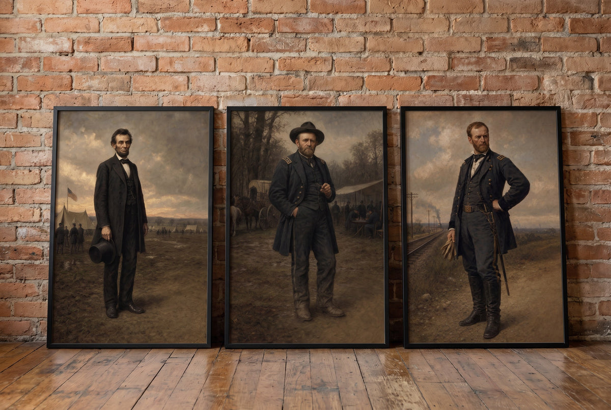 The Union Commanders framed prints leaning against a brick wall