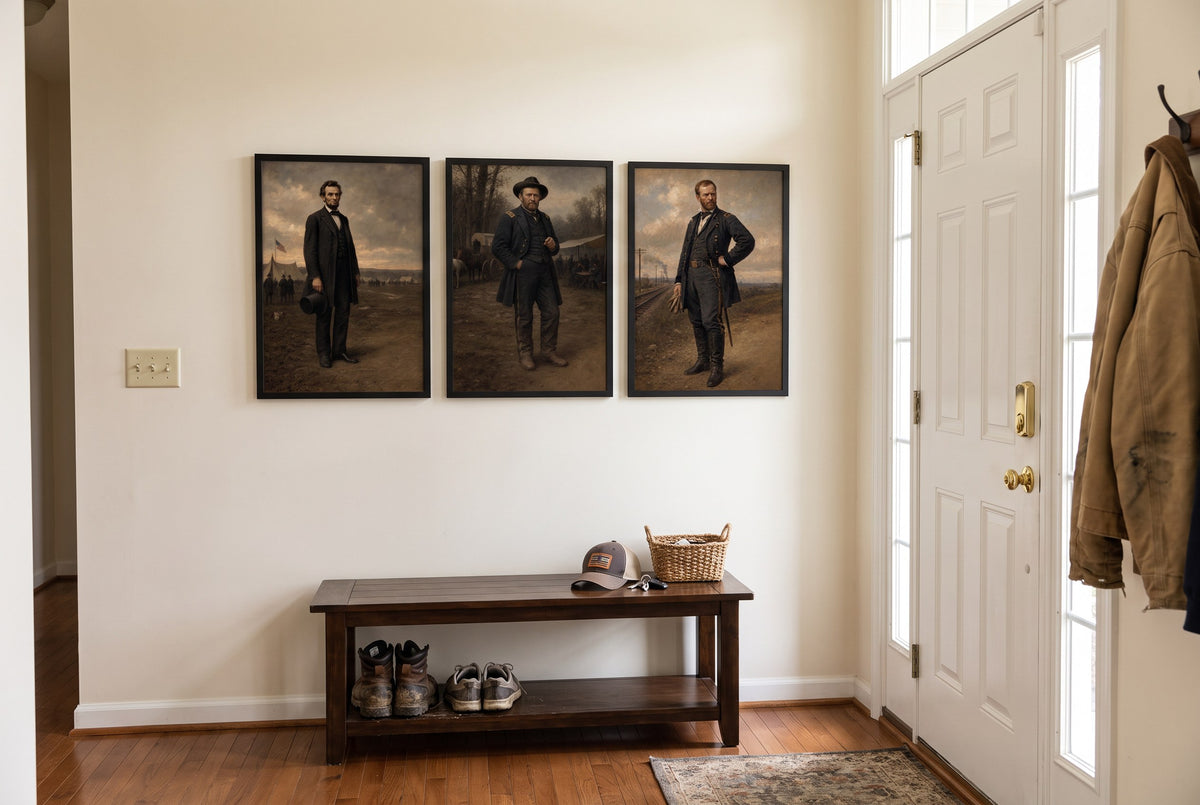 The Union Commanders framed prints hung in a front entry