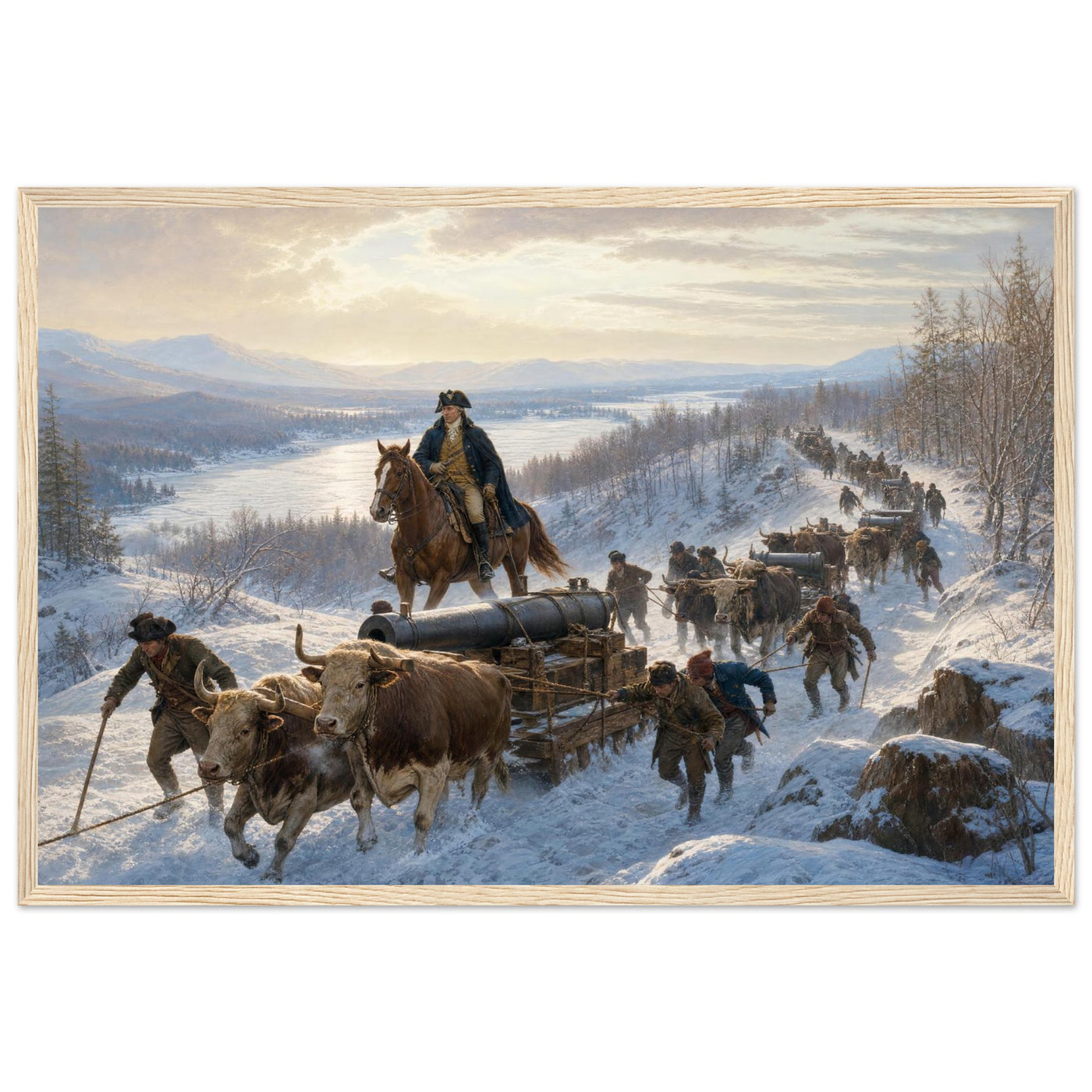 Framed art print of Civil War soldiers and wagons marching through deep snow, in a solid wood frame.