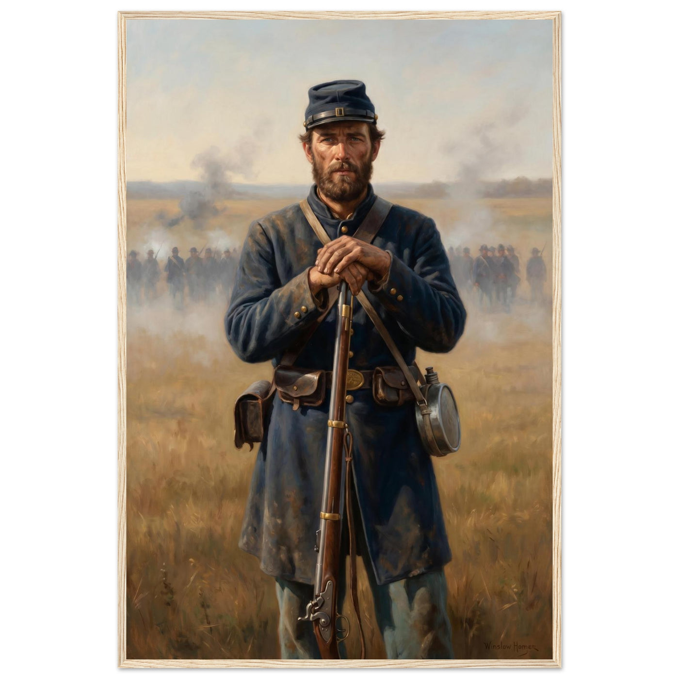 Framed portrait of a Union soldier standing with his rifle, ready to hang.