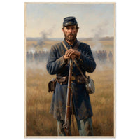 Framed portrait of a Union soldier standing with his rifle, ready to hang.