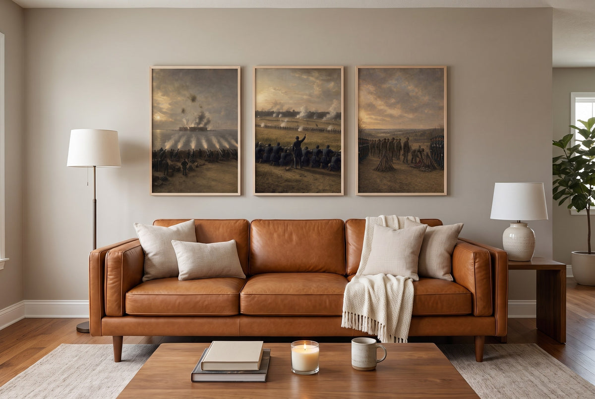 A House Divided framed prints hung above a sofa in a living room