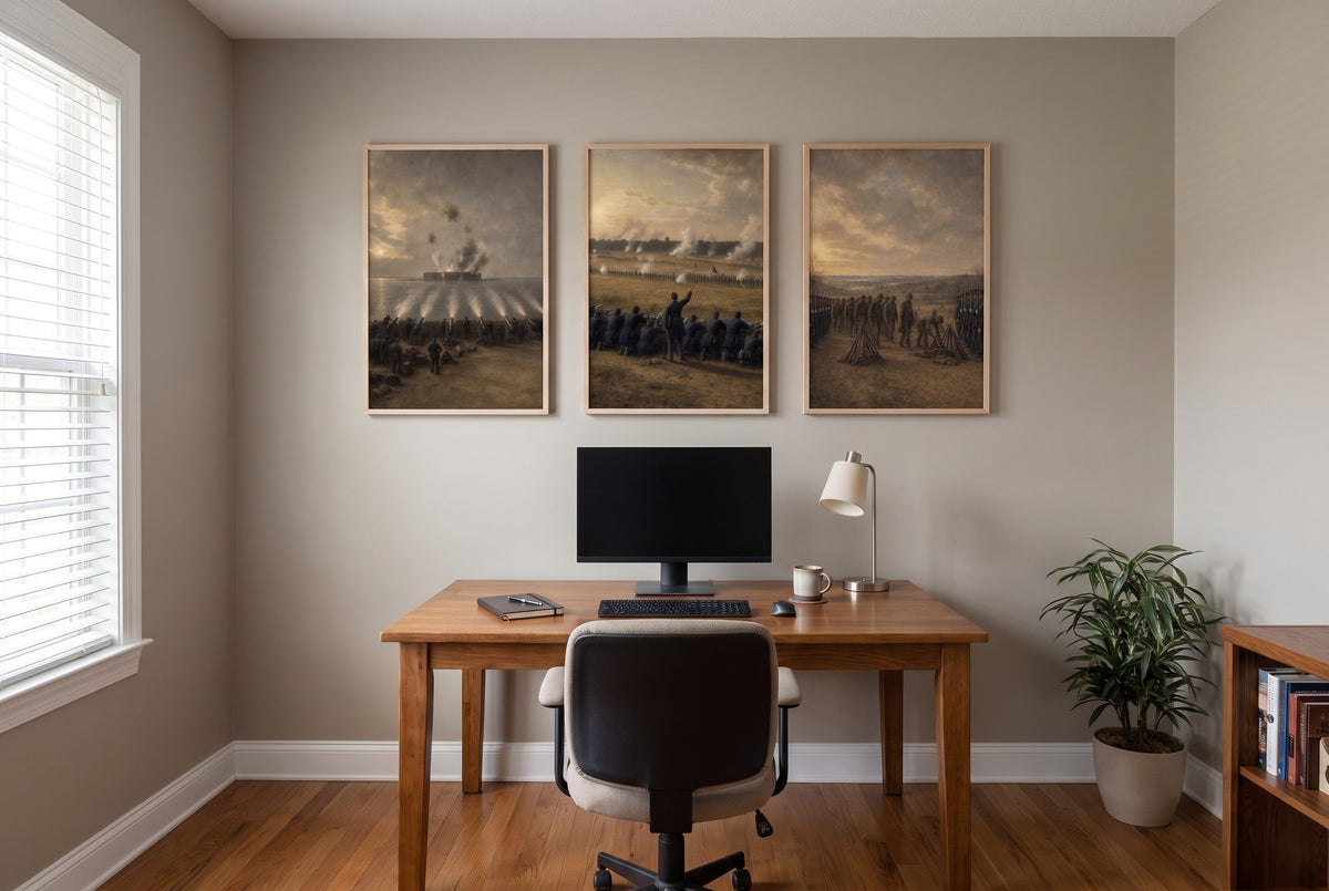 A House Divided framed prints hung in a home office