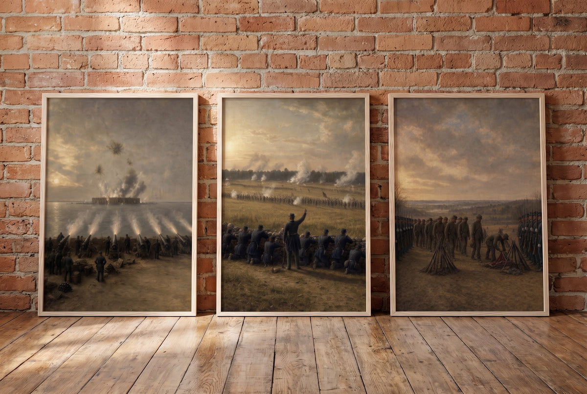 A House Divided framed prints leaning against a brick wall