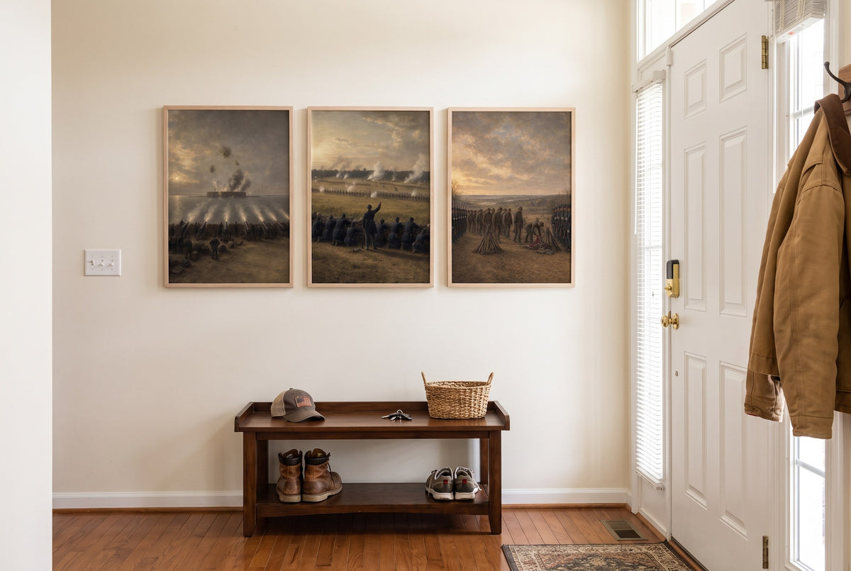 A House Divided framed prints hung in a front entry