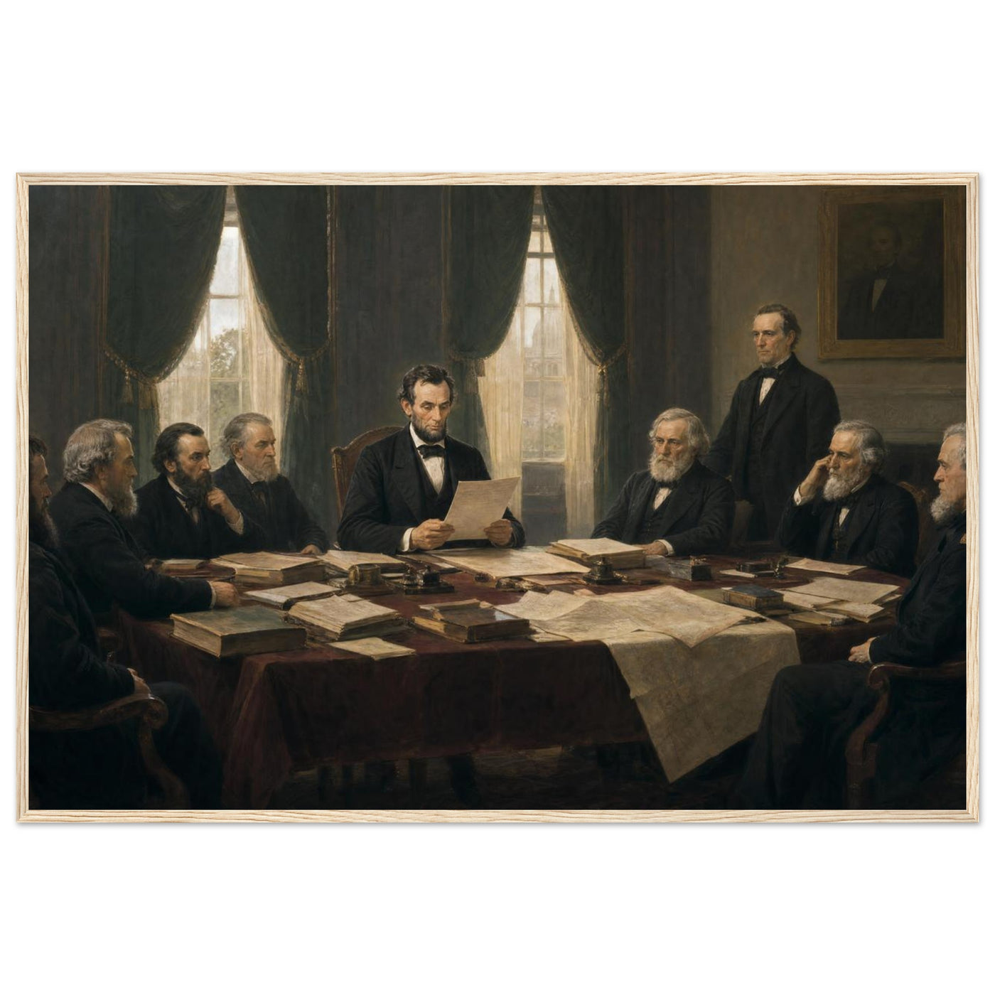 Framed historical painting of President Lincoln seated with his cabinet around a table, in a solid wood frame.