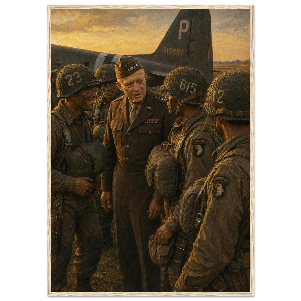 Dwight D. Eisenhower — framed fine art print of Ike with paratroopers before D-Day, 12x18″ in a natural wood frame