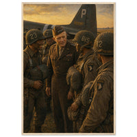 Dwight D. Eisenhower — framed fine art print of Ike with paratroopers before D-Day, 12x18″ in a natural wood frame