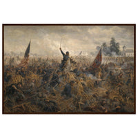 Framed panoramic art print of the Battle of Antietam, in a solid wood frame.