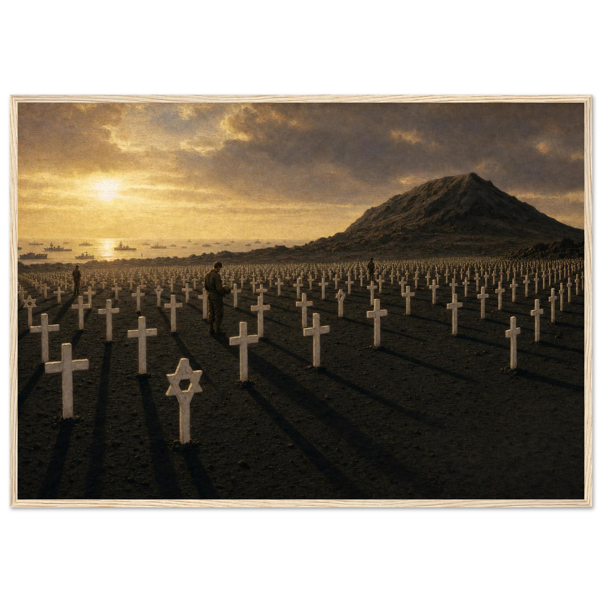 The 5th Marine Cemetery — framed fine art print of white crosses on Iwo Jima's black sand, 12x18″ in a natural wood frame