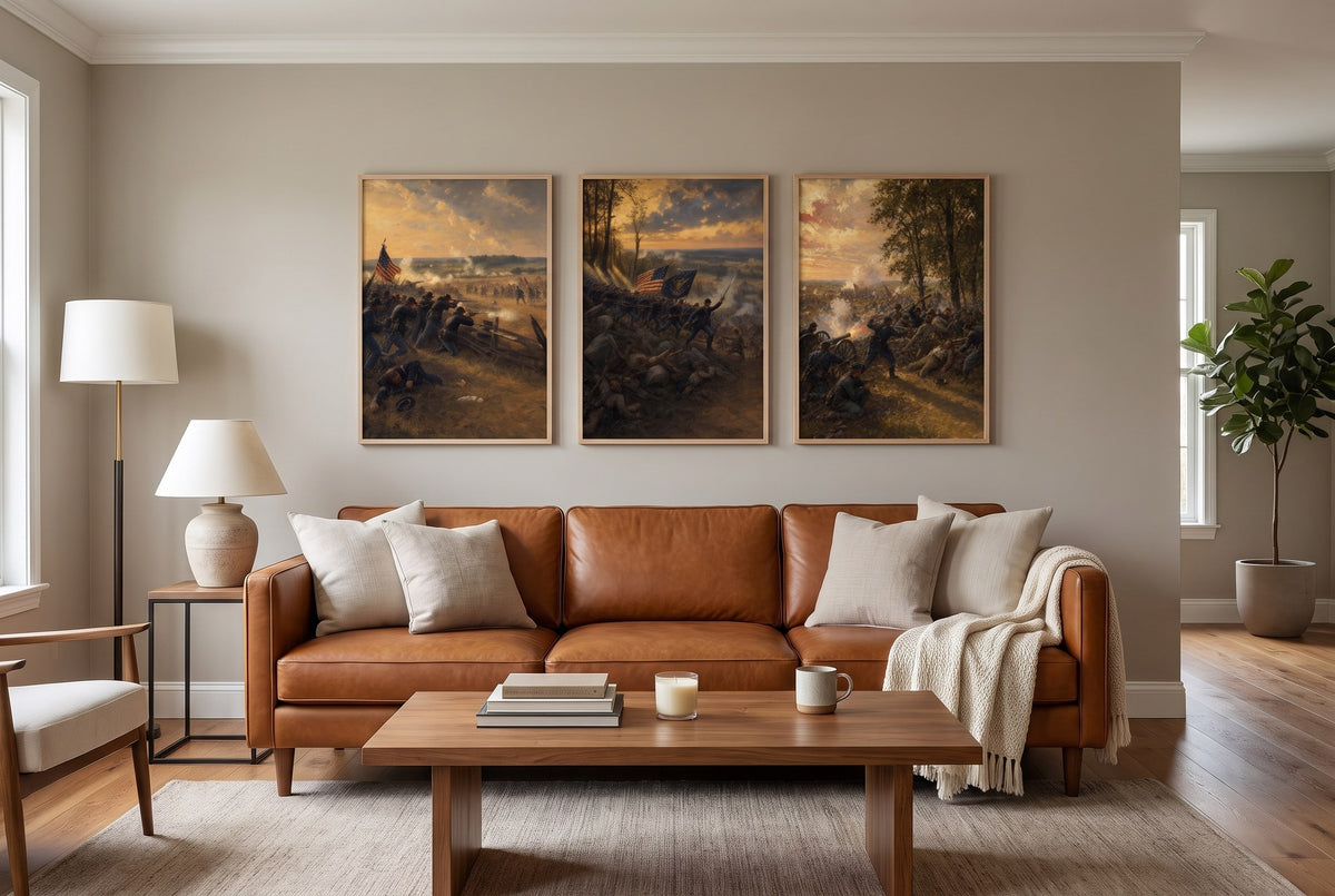 Three Days at Gettysburg framed prints hung above a sofa in a living room