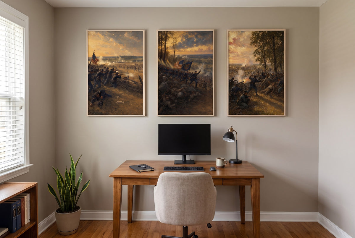 Three Days at Gettysburg framed prints hung in a home office