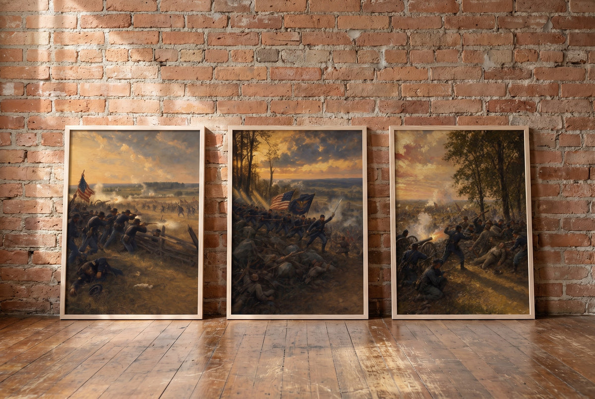 Three Days at Gettysburg framed prints leaning against a brick wall