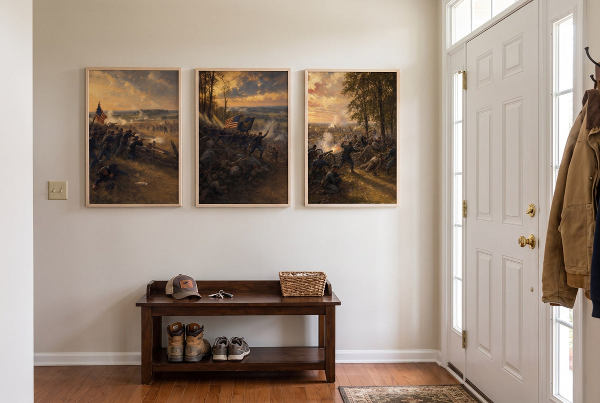 Three Days at Gettysburg framed prints hung in a front entry