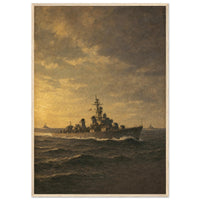 By Sea — framed fine art print of the destroyer USS Fletcher under way at sunset, 12x18″ in a natural wood frame