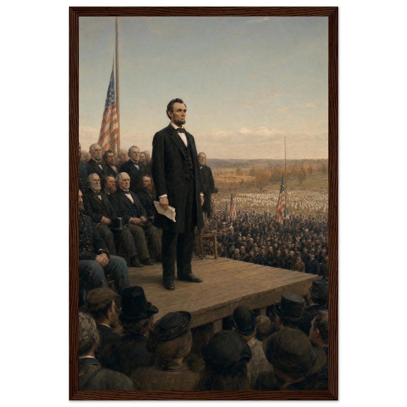 Framed art print of President Lincoln delivering the Gettysburg Address before a vast crowd, in a solid wood frame.