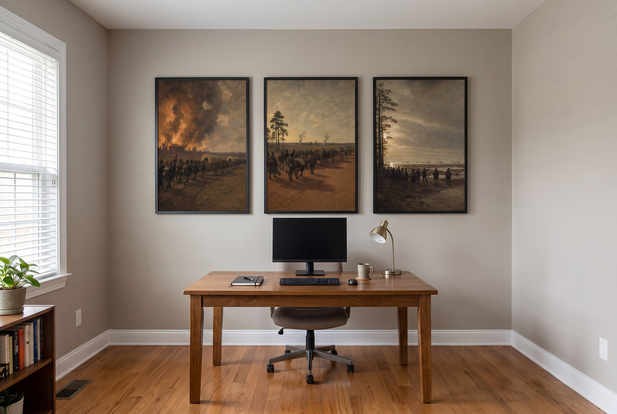 The March to the Sea framed prints hung in a home office