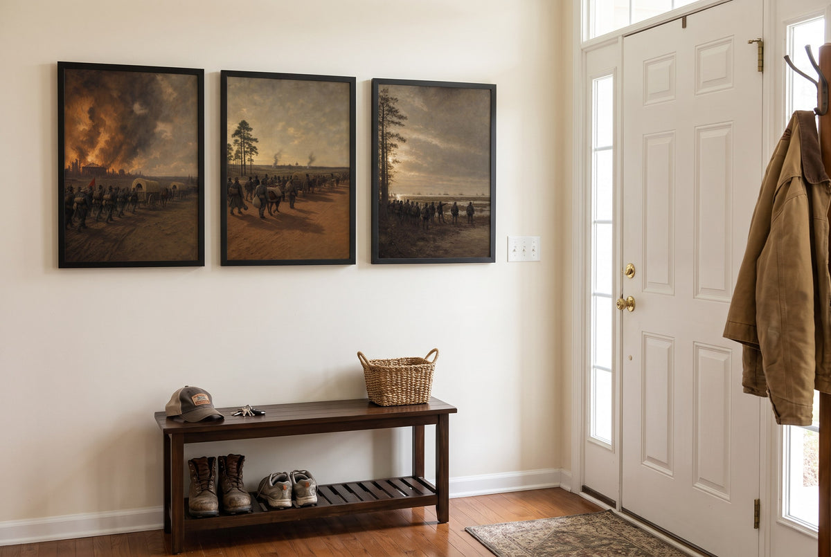 The March to the Sea framed prints hung in a front entry