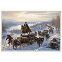 Framed art print of Civil War soldiers and wagons marching through deep snow, in a solid wood frame.
