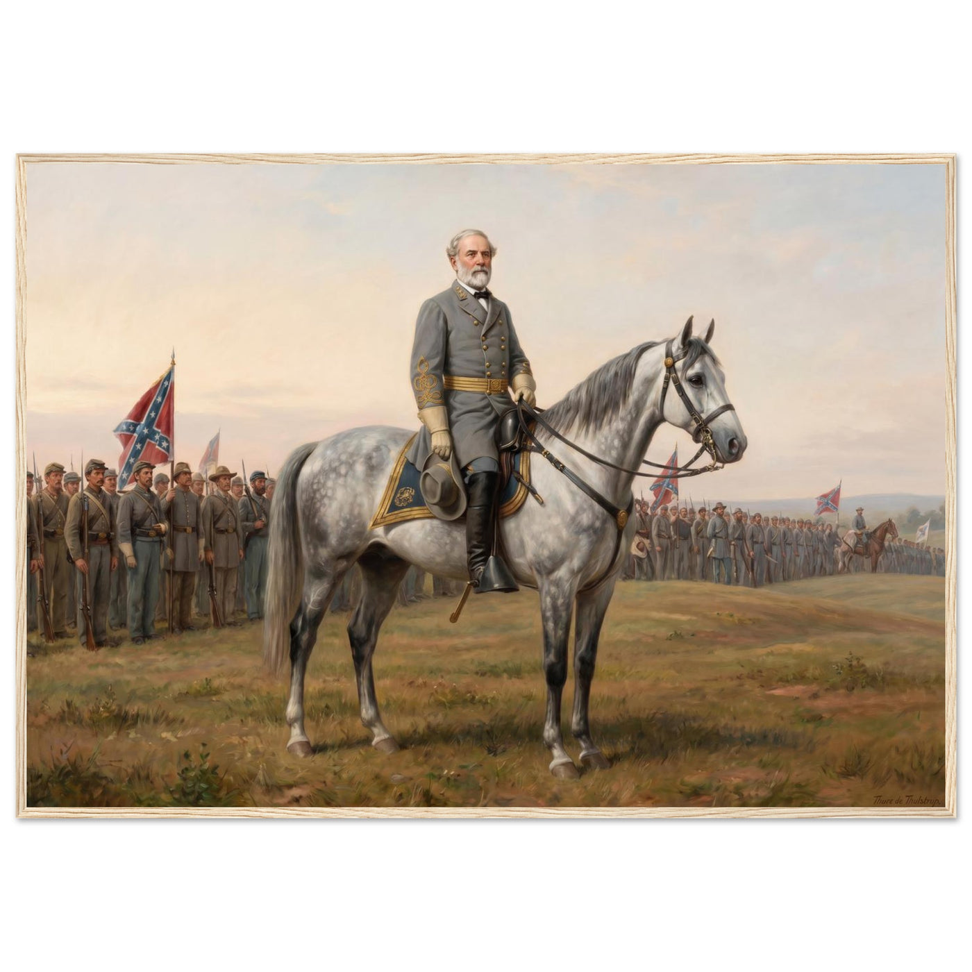 Framed equestrian painting of General Lee mounted with his Confederate generals, in a solid wood frame.