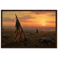 Framed art print of a Confederate flag-bearer silhouetted against a fiery sunset over a battlefield of the fallen, in a solid wood frame.