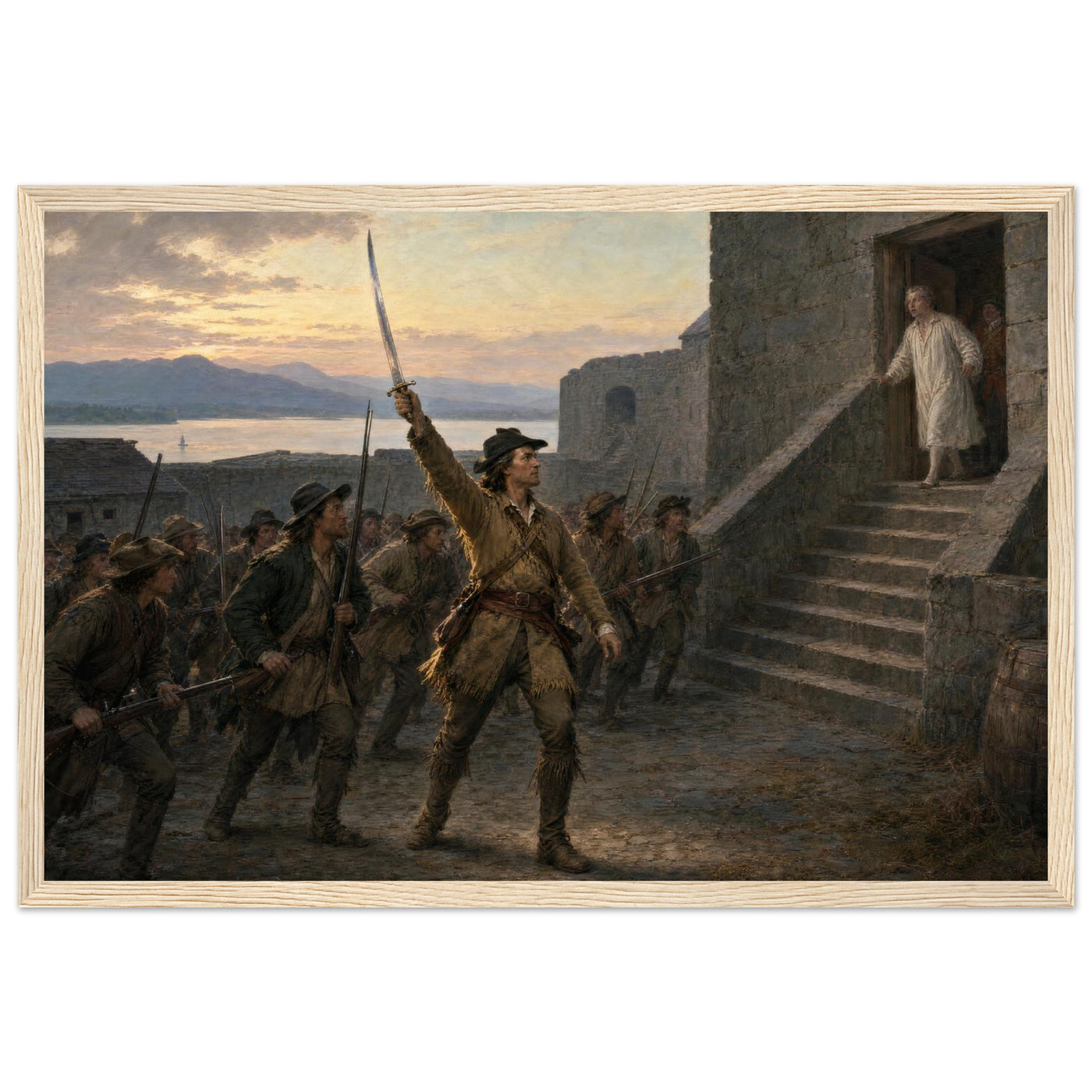 Framed art print of Union soldiers ascending the stone steps of a fort with the flag at dawn, in a solid wood frame.