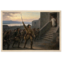 Framed art print of Union soldiers ascending the stone steps of a fort with the flag at dawn, in a solid wood frame.