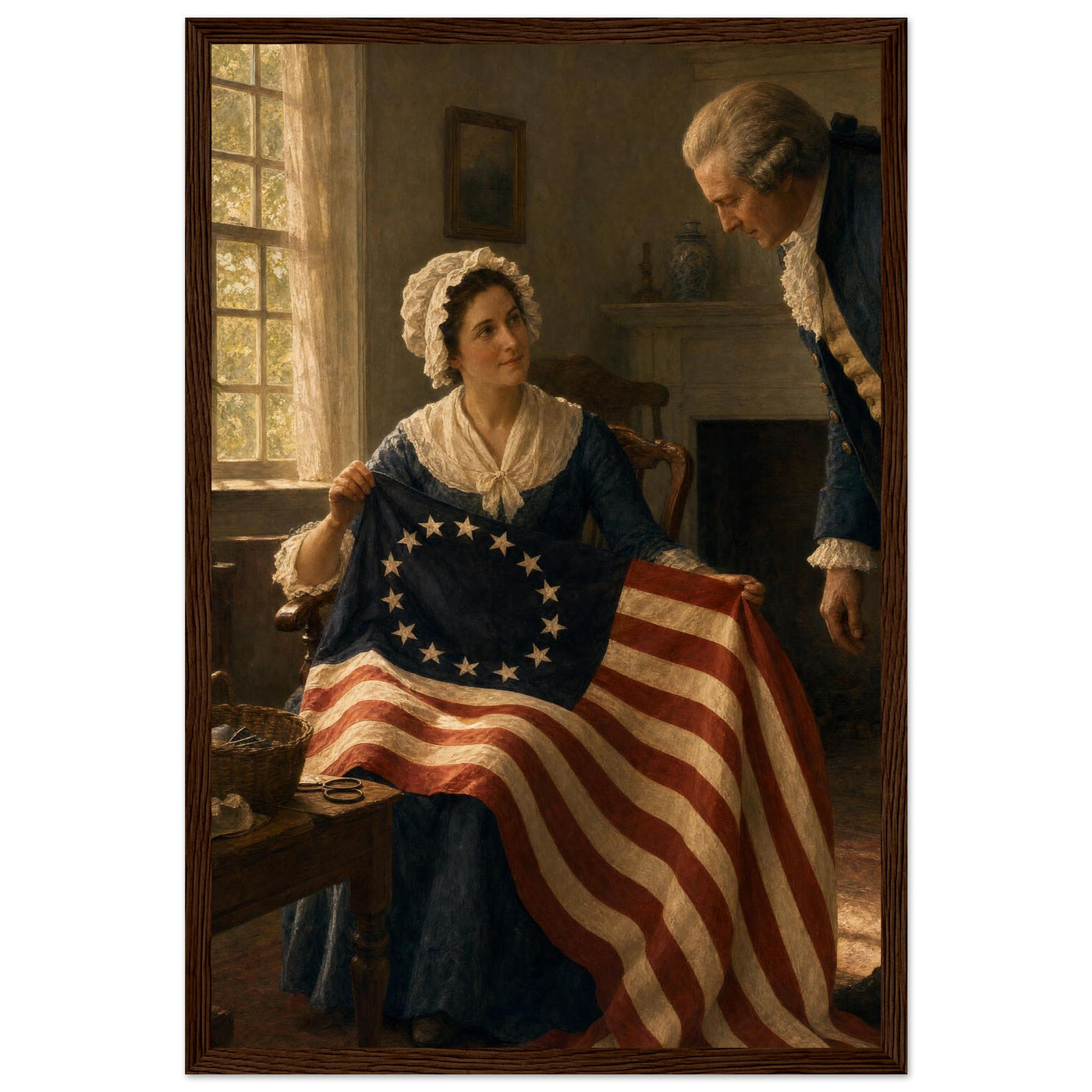 Framed print of Betsy Ross sewing the first American flag, ready to hang.