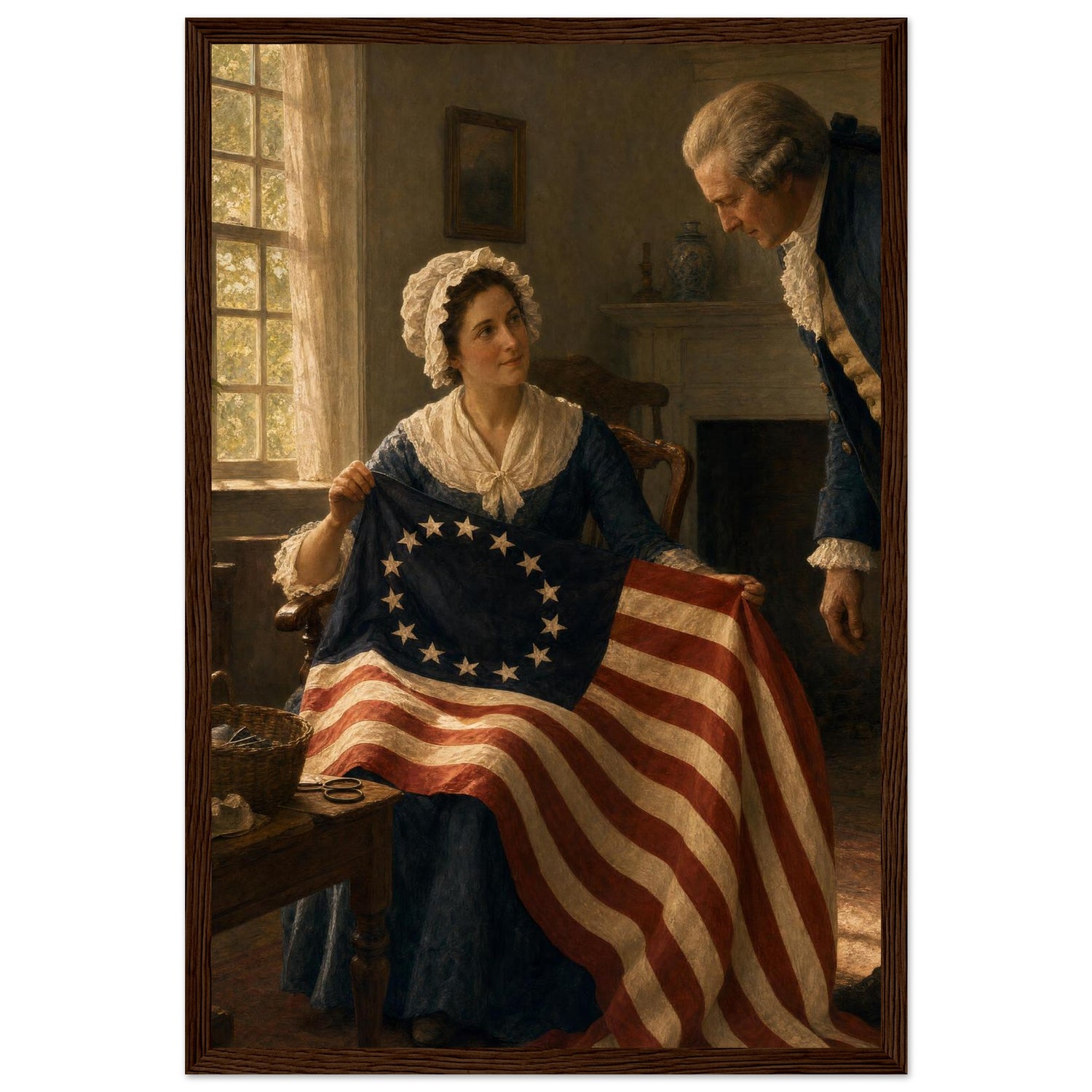 Framed print of Betsy Ross sewing the first American flag, ready to hang.