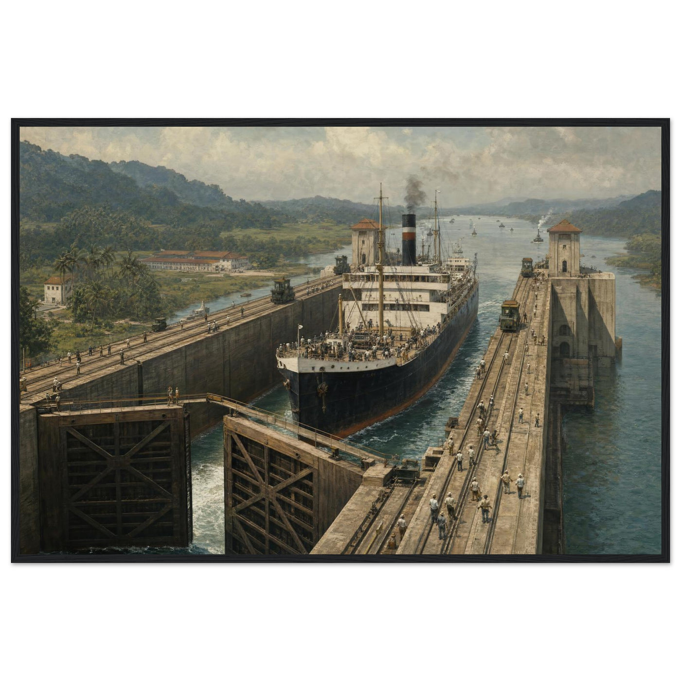 Wooden framed print of the Panama Canal — room view, ready to hang.