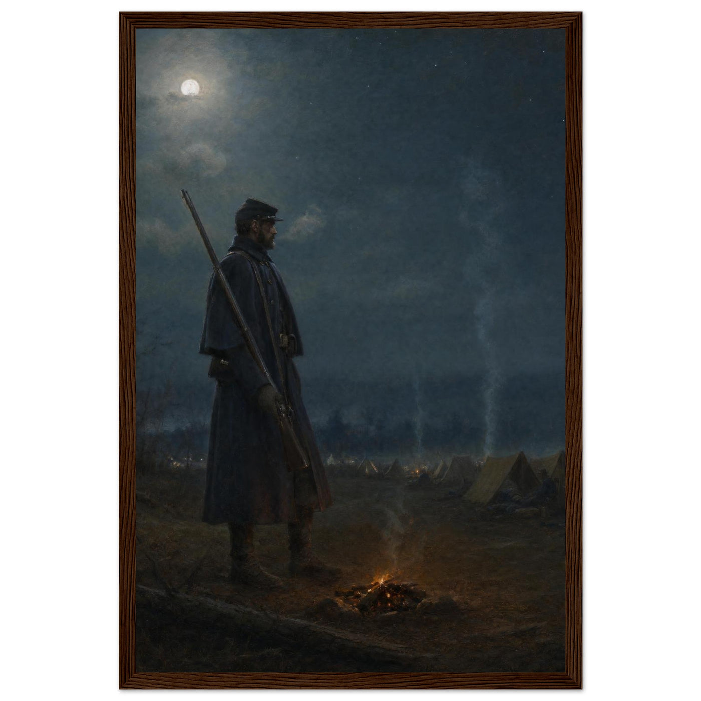 Framed print of a soldier's moonlit vigil by a campfire, ready to hang.