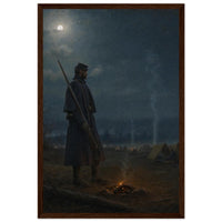 Framed print of a soldier's moonlit vigil by a campfire, ready to hang.