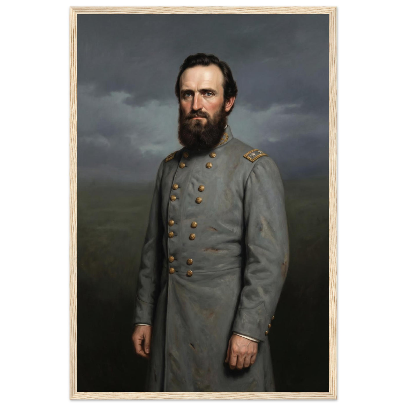 Framed portrait painting of a bearded Confederate general in gray uniform, in a solid wood frame.