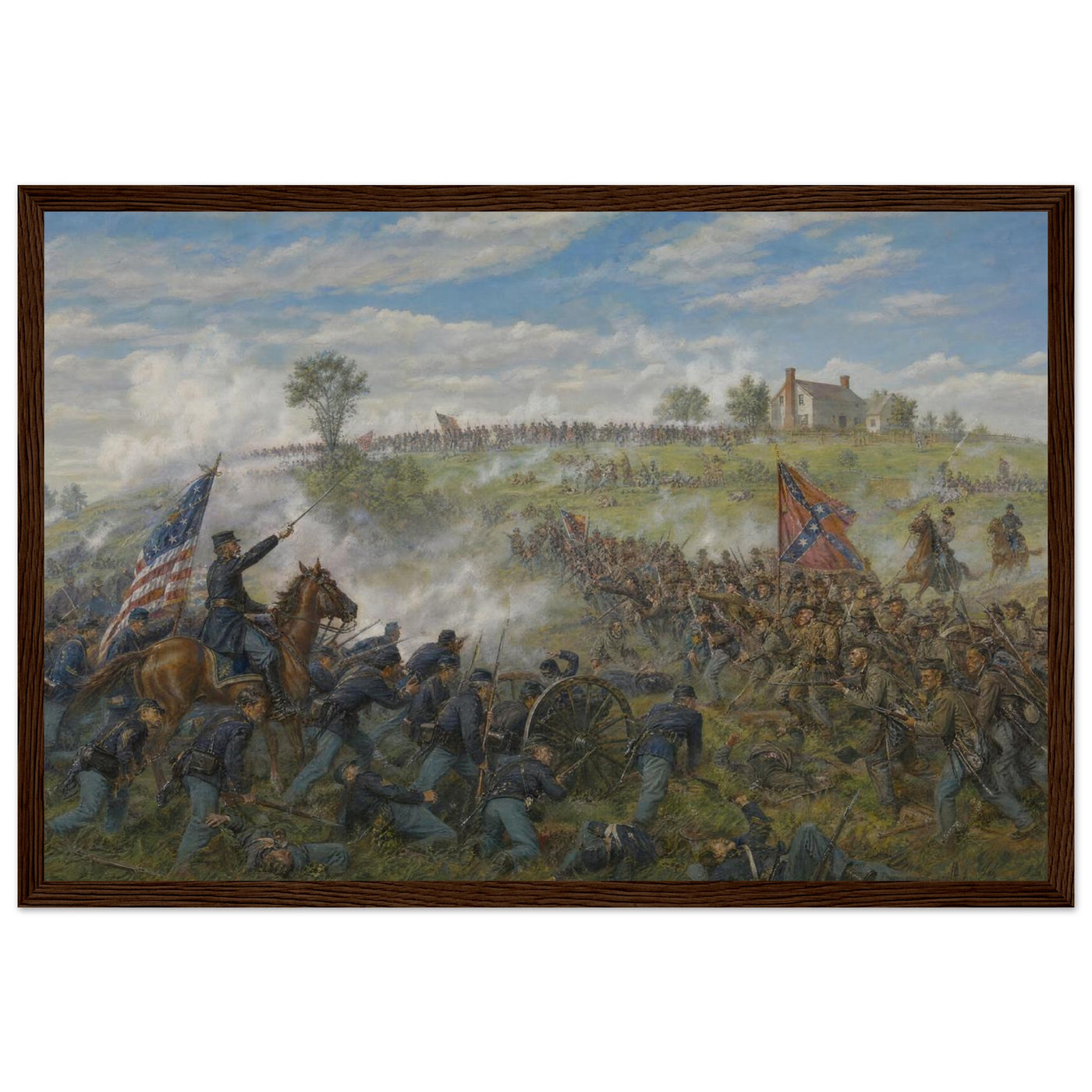 Framed panoramic art print of the smoke-filled Confederate assault during Pickett's Charge at Gettysburg, in a solid wood frame.