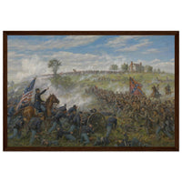 Framed panoramic art print of the smoke-filled Confederate assault during Pickett's Charge at Gettysburg, in a solid wood frame.