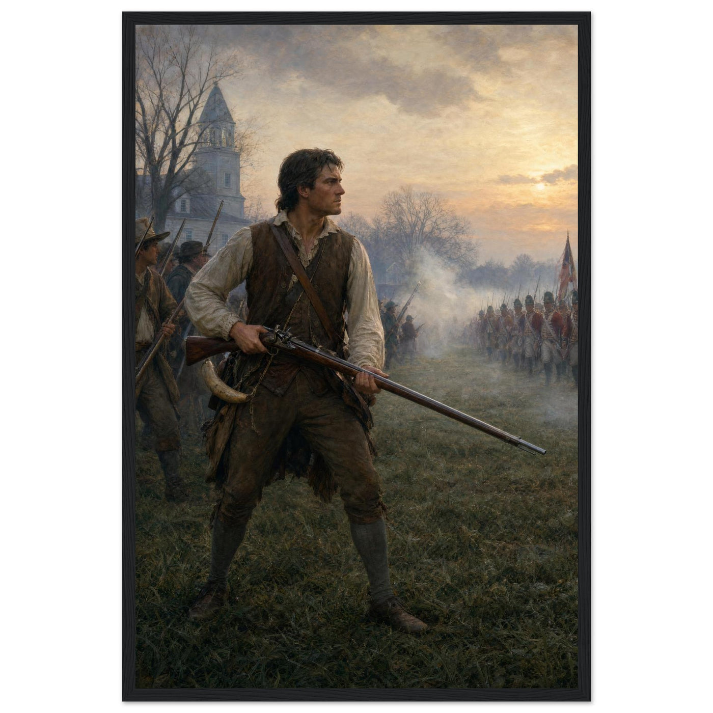 Framed print of a minuteman at the dawn of the Revolution, ready to hang.