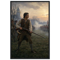 Framed print of a minuteman at the dawn of the Revolution, ready to hang.