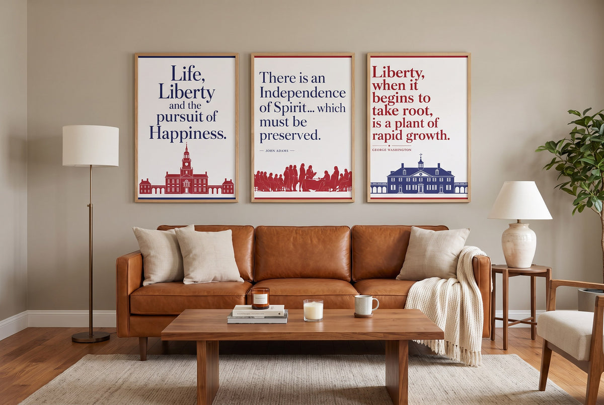 Words of Liberty framed prints hung above a sofa in a living room
