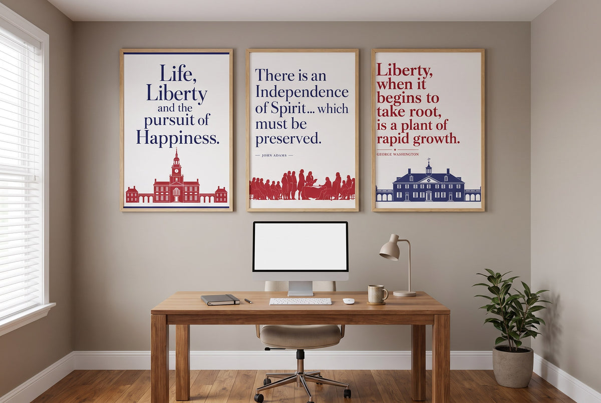 Words of Liberty framed prints hung in a home office