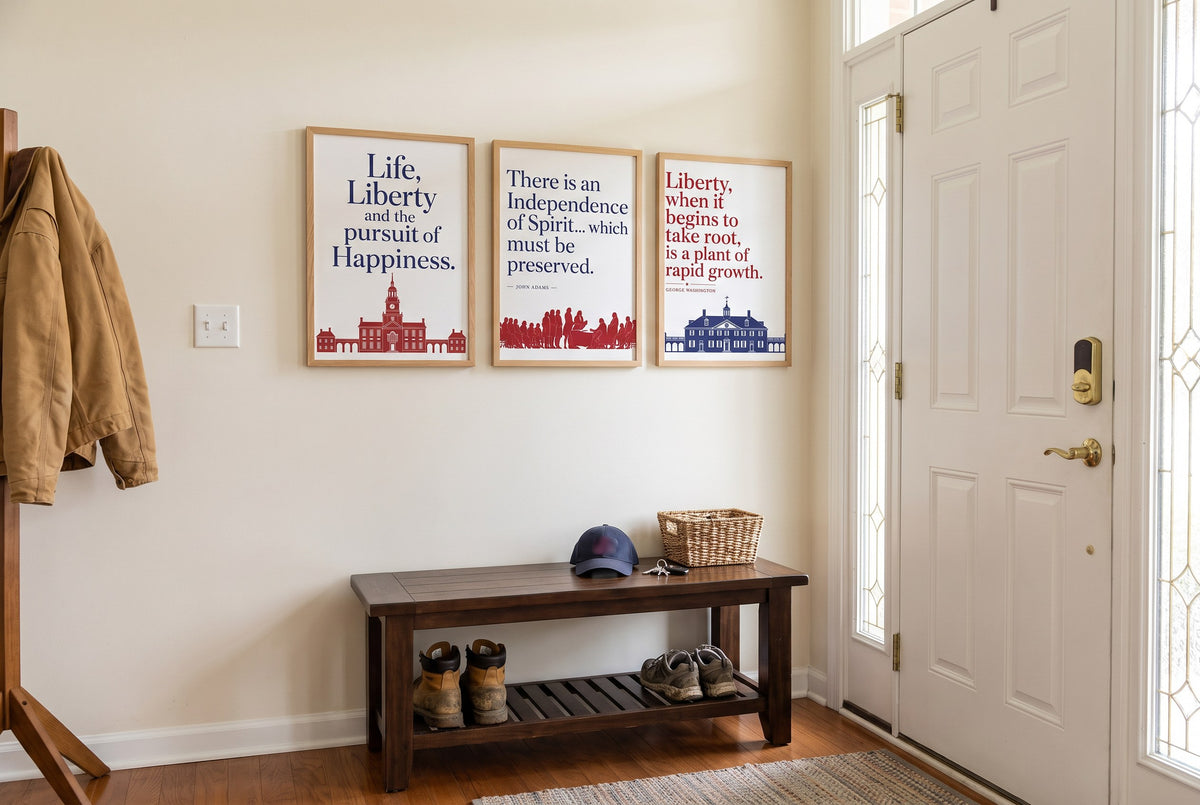 Words of Liberty framed prints hung in a front entry