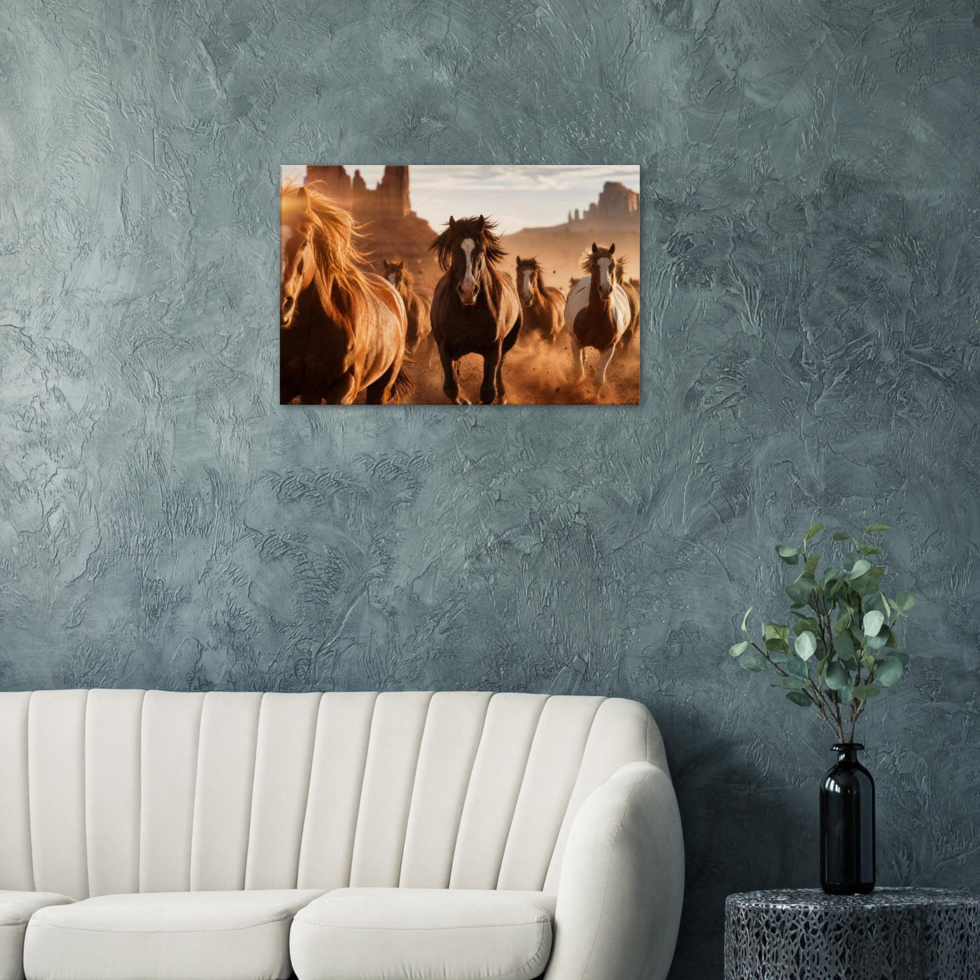 Canvas print of a wild mustang herd galloping — room view, ready to hang.