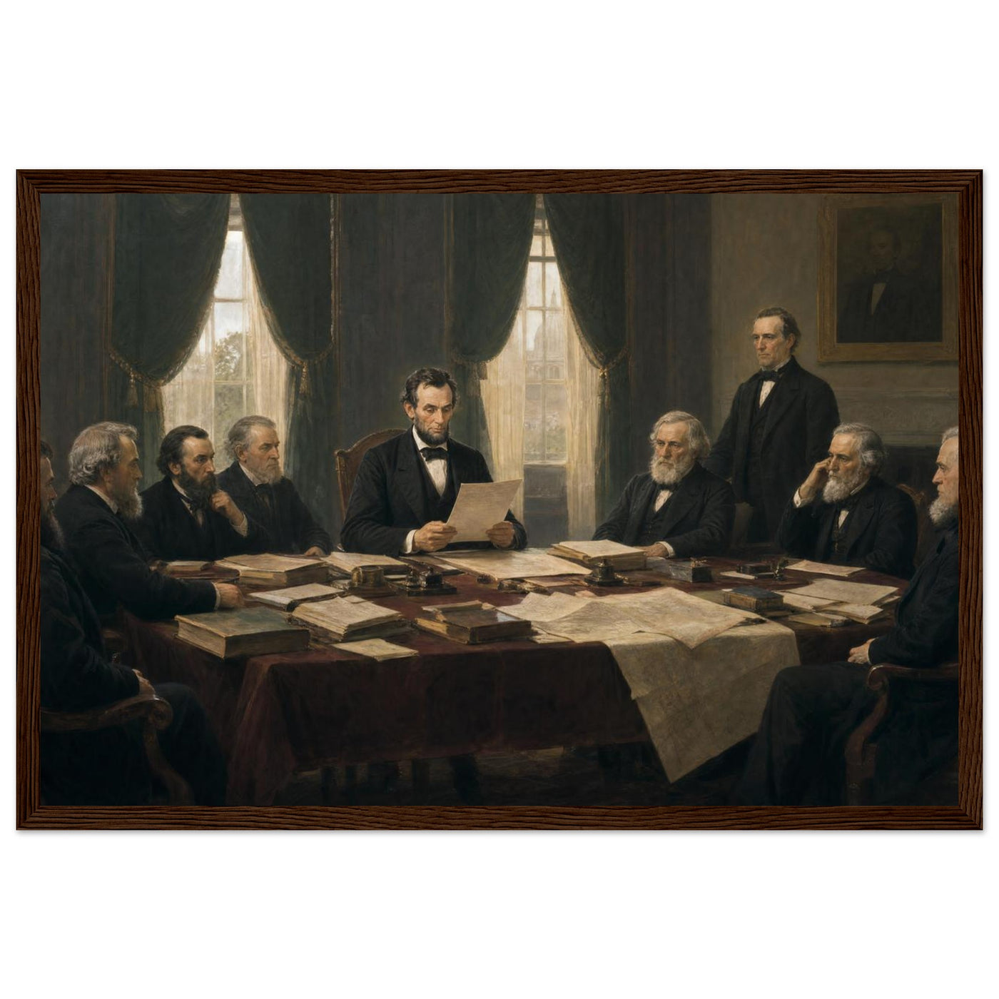 Framed historical painting of President Lincoln seated with his cabinet around a table, in a solid wood frame.