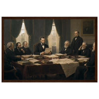 Framed historical painting of President Lincoln seated with his cabinet around a table, in a solid wood frame.